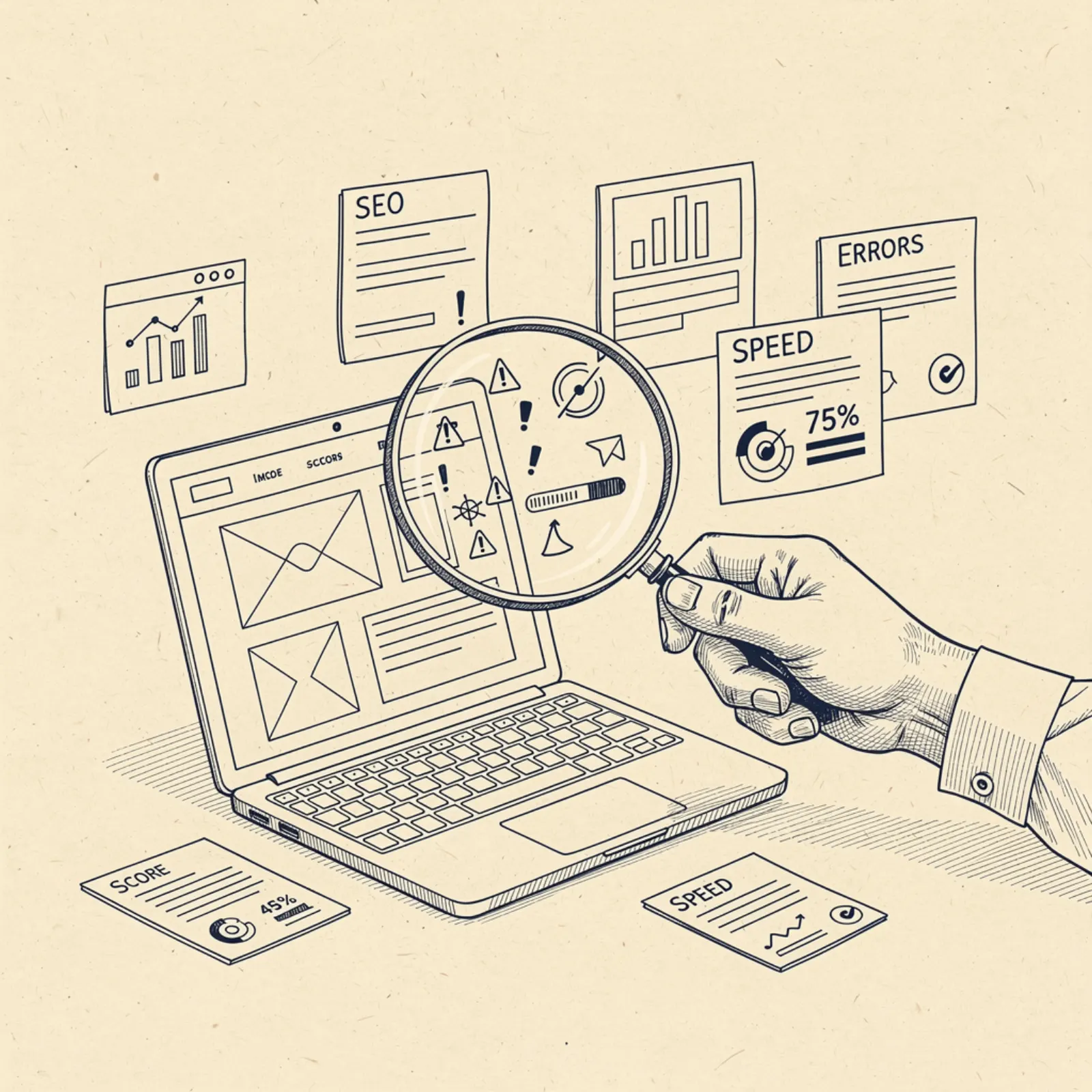 Pen and ink illustration — magnifying glass over a competitor website on a monitor screen