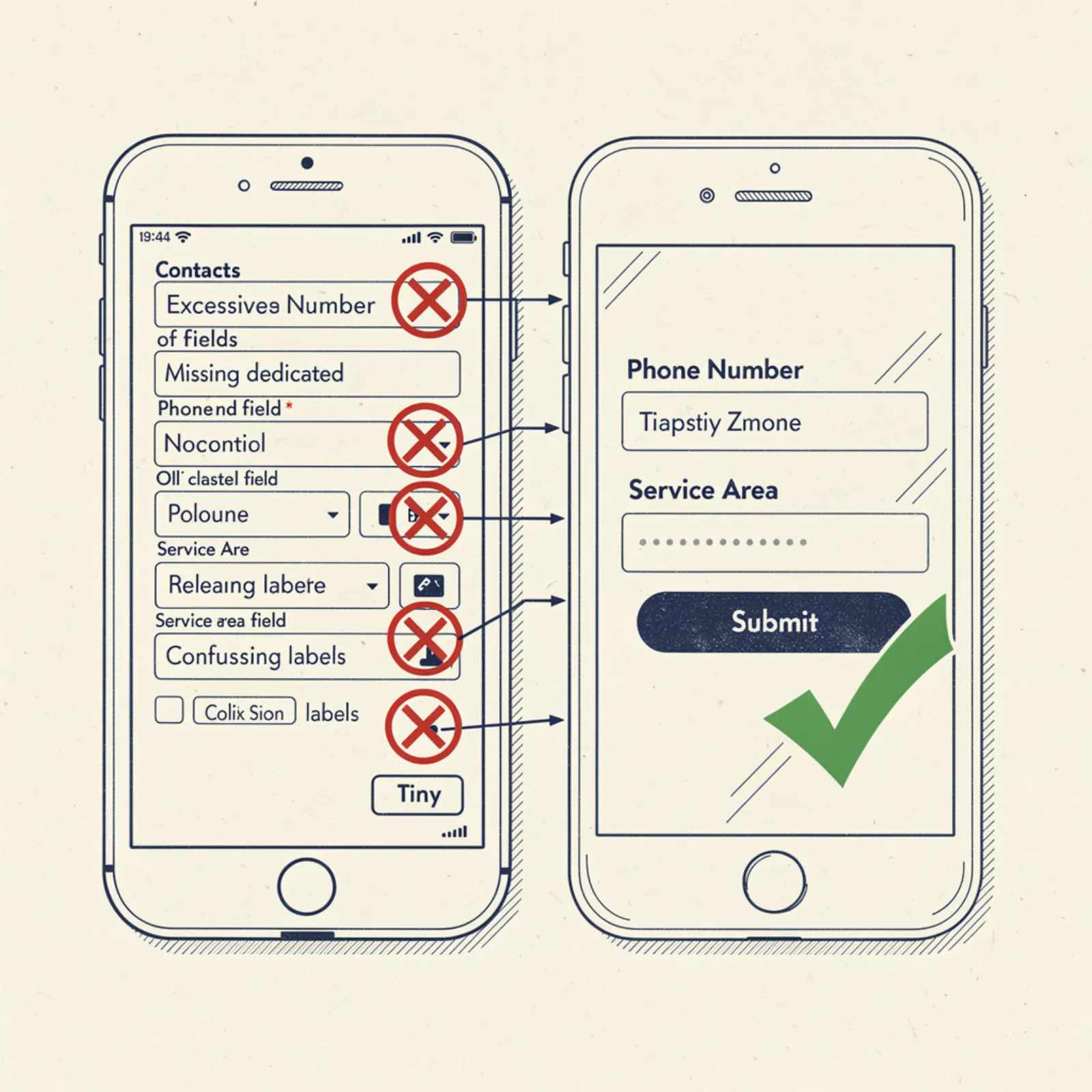 Pen and ink illustration — contact form with common mistakes highlighted in red