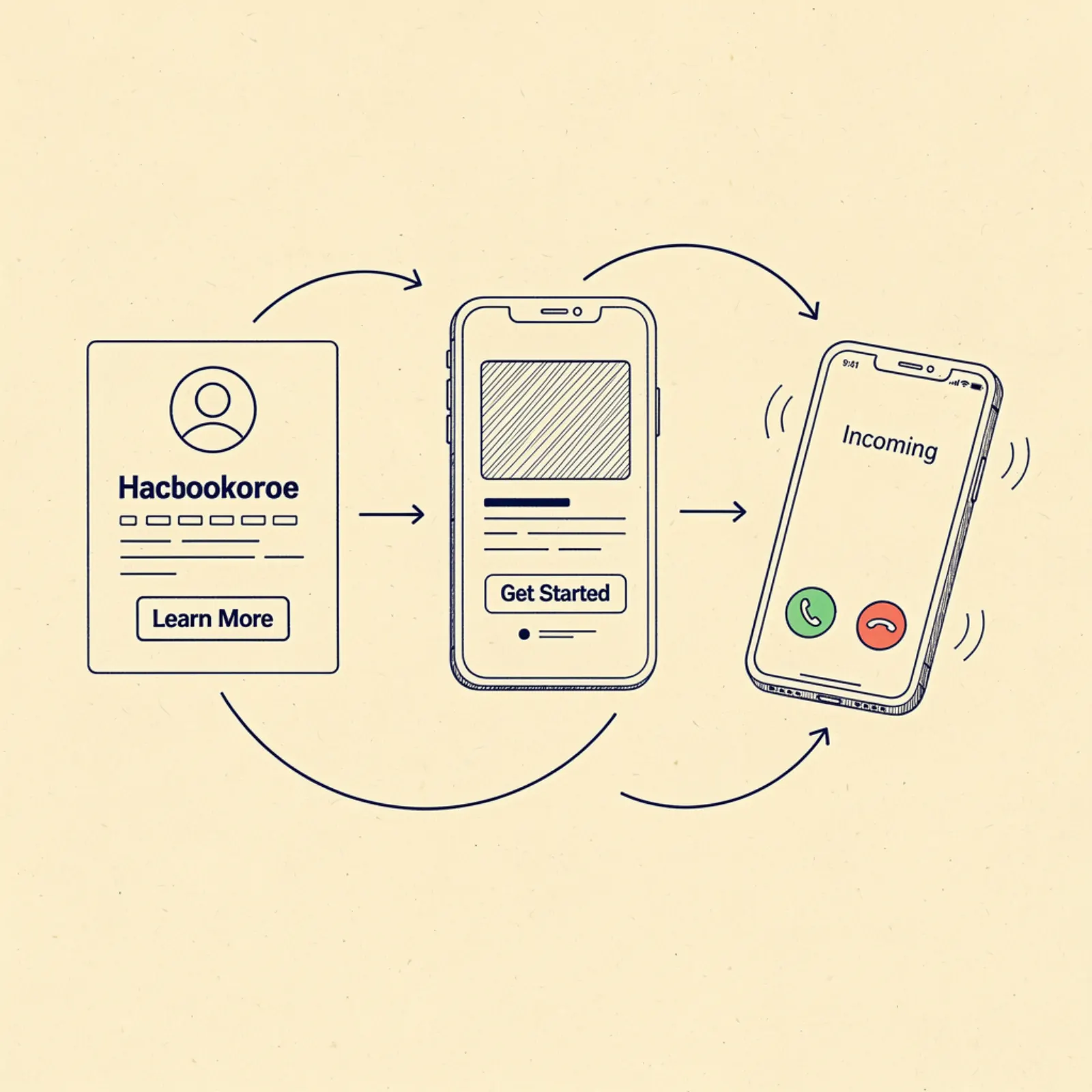 Pen and ink illustration — funnel diagram from Facebook ad to website lead form
