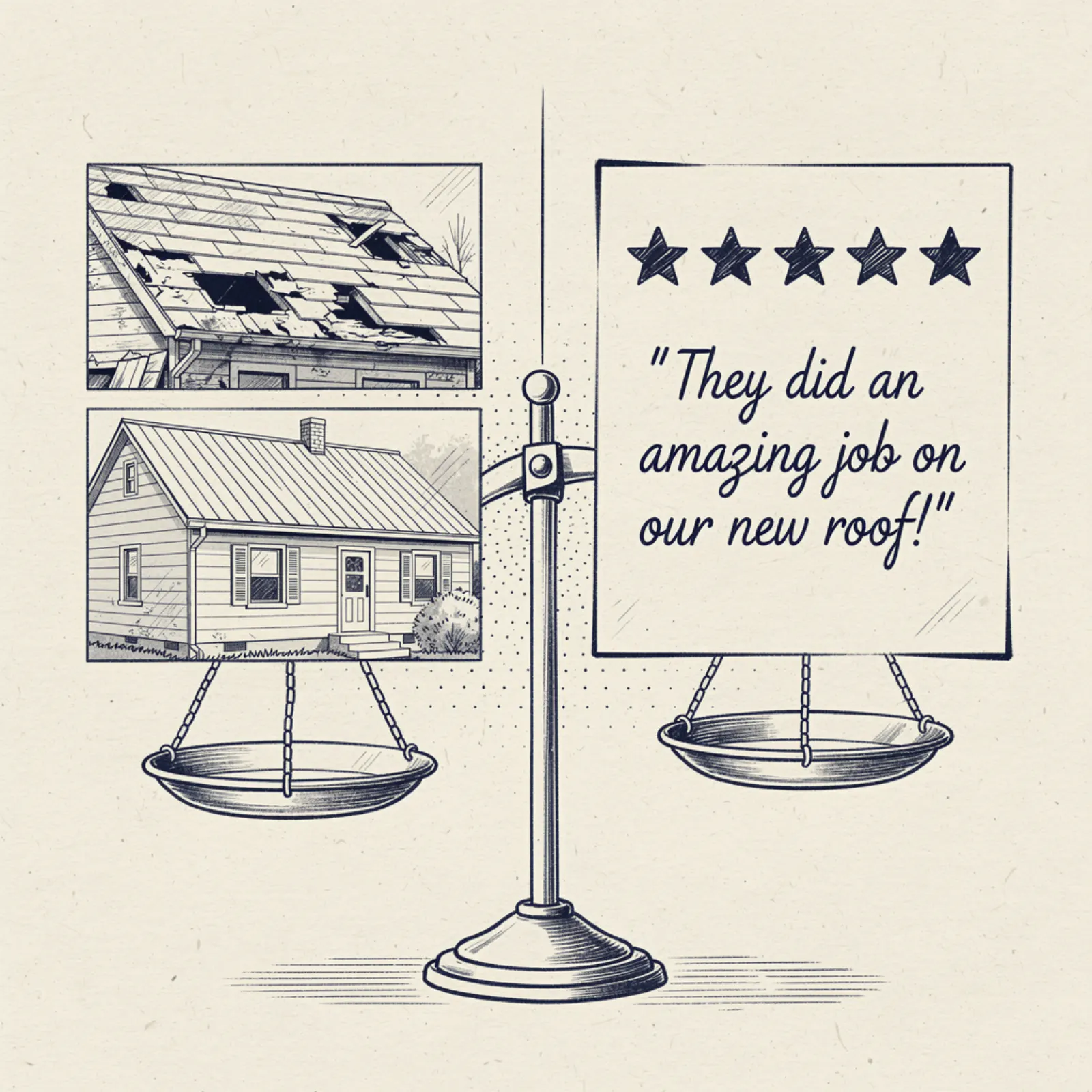 Pen and ink illustration — split-screen showing photo gallery versus customer testimonial layouts
