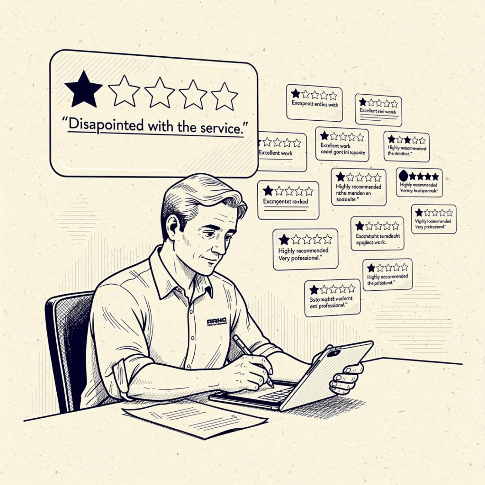 Pen and ink illustration — business owner writing a thoughtful response to a negative review