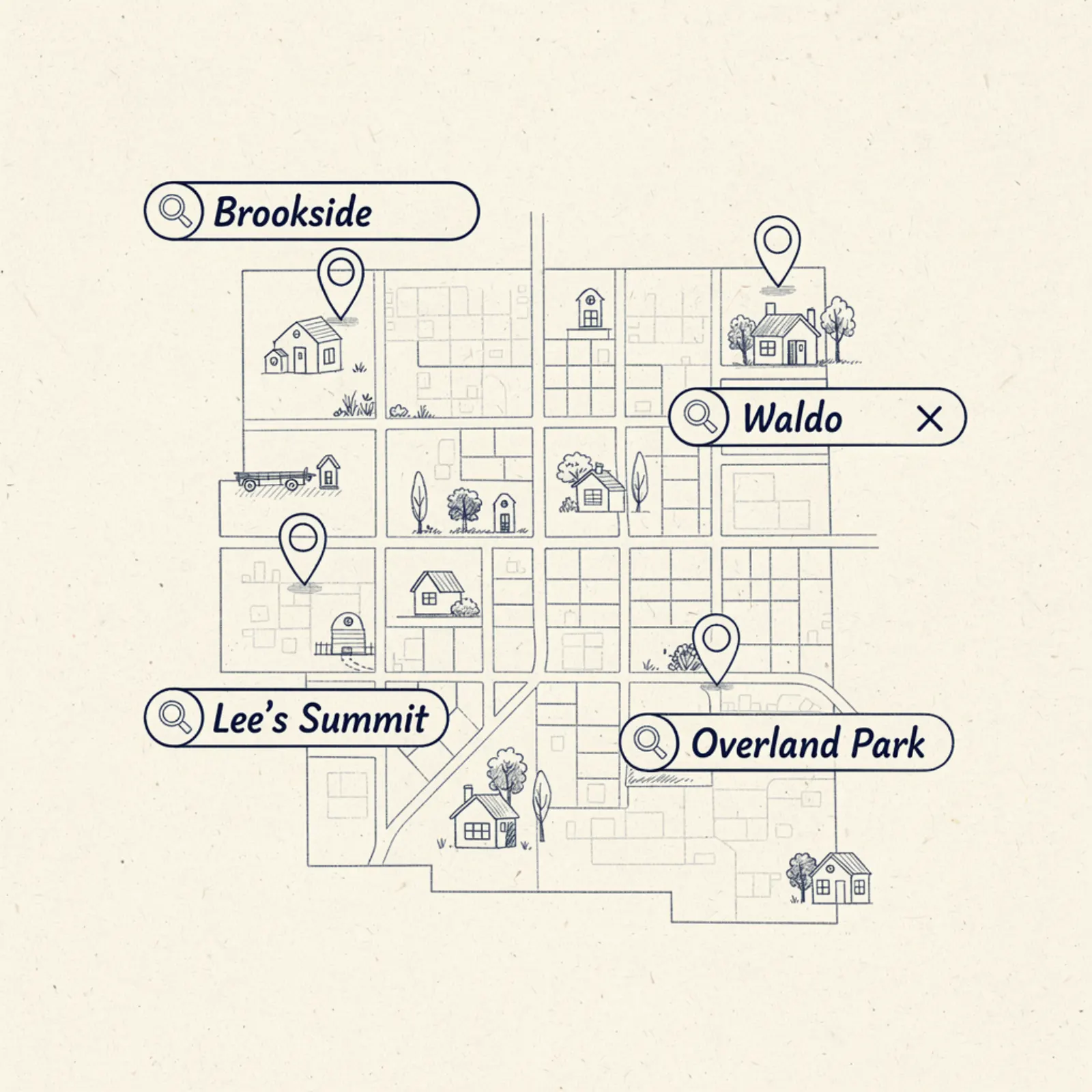 Pen and ink illustration — Kansas City neighborhood map with local search pins