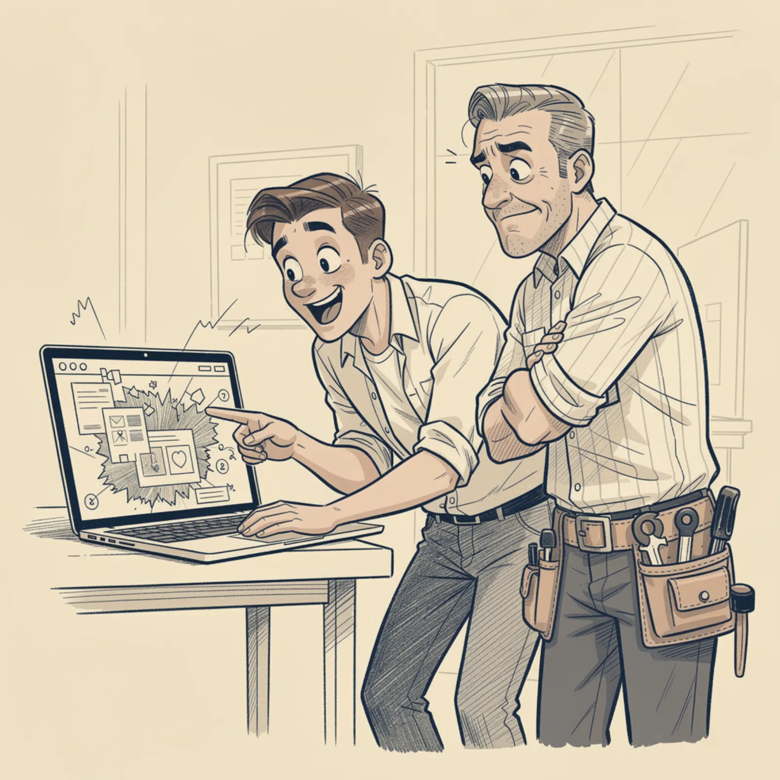 Pen and ink illustration — nephew pointing at a messy website on a business owner's laptop