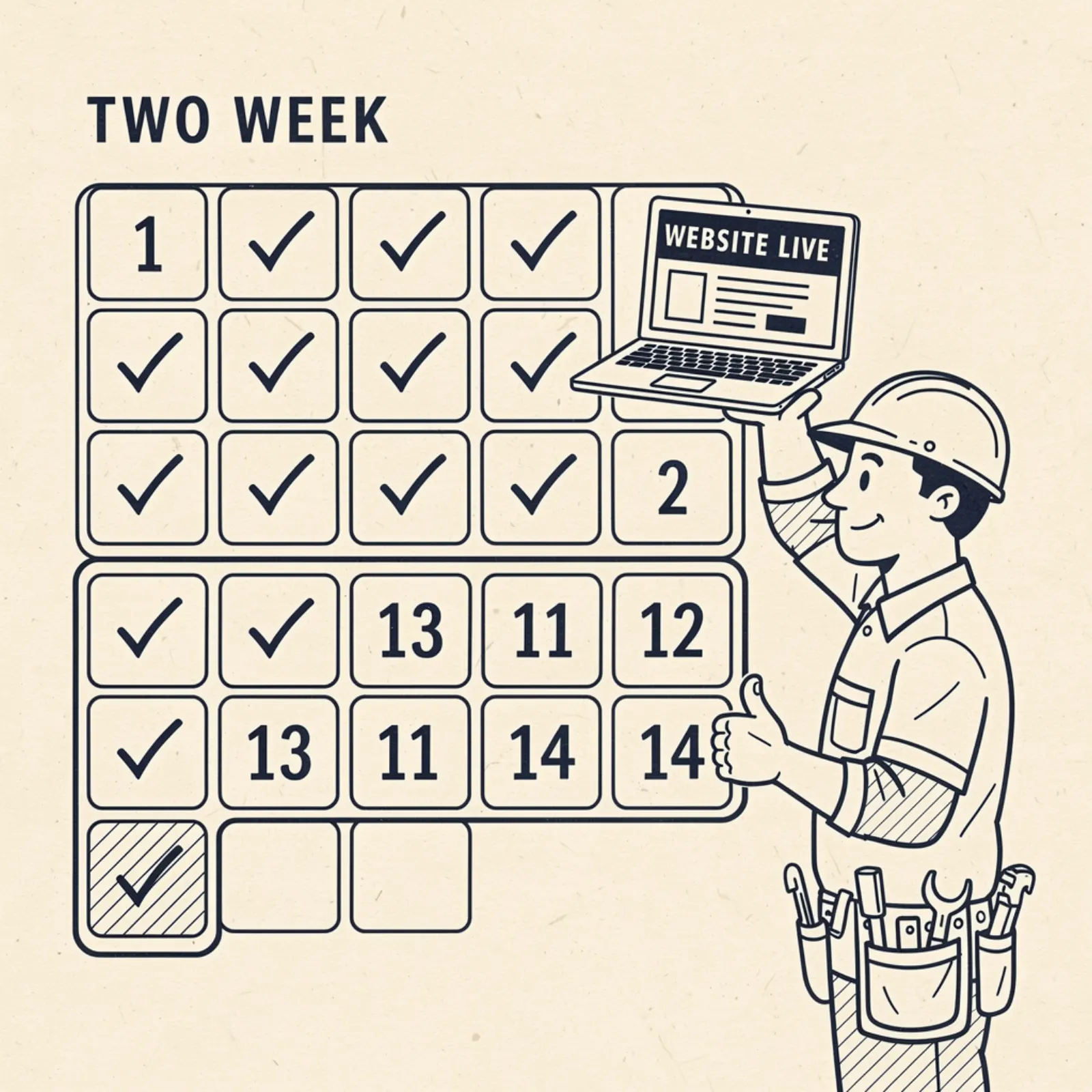 Pen and ink illustration — calendar with checkmarks showing a 14-day website launch timeline