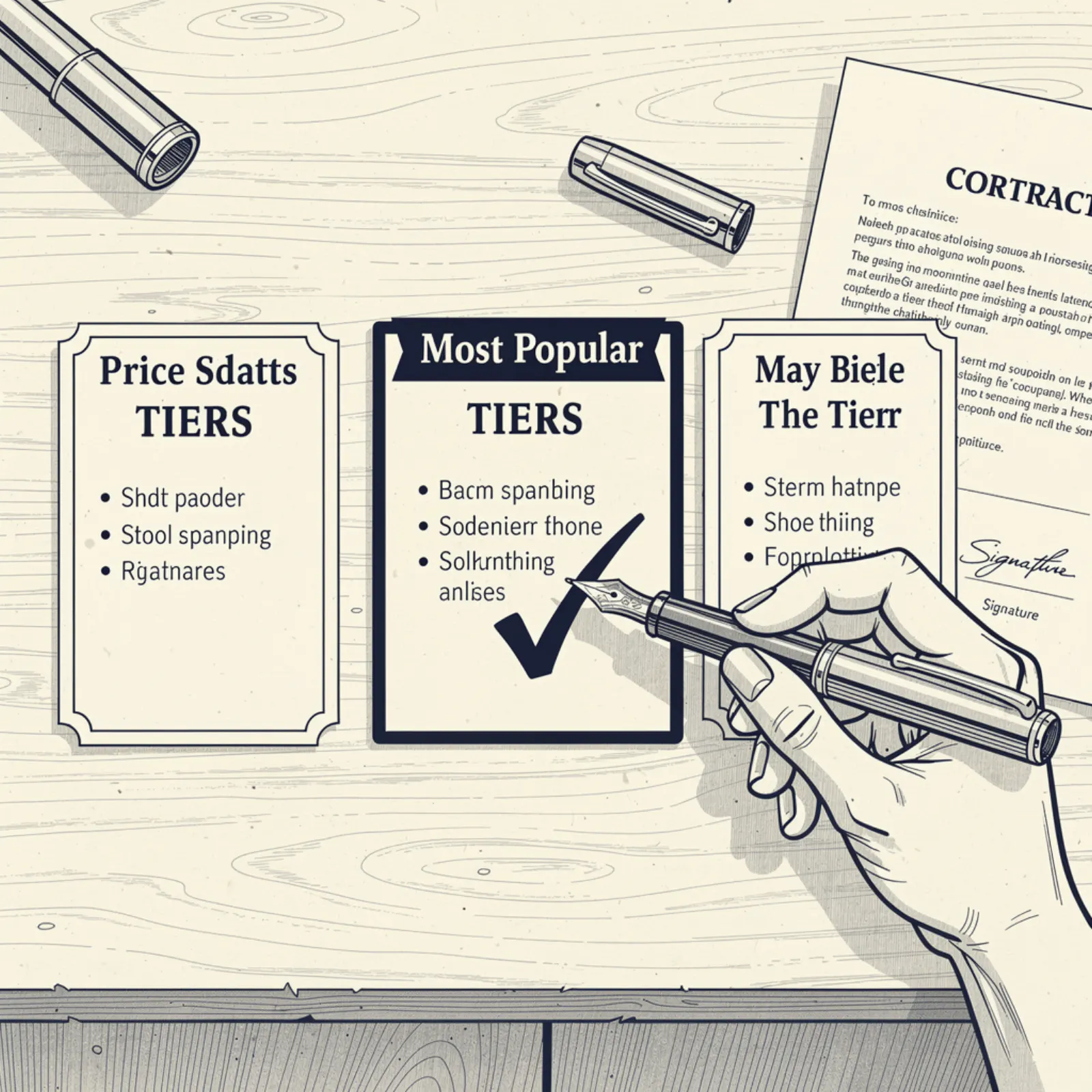 Pen and ink illustration — pricing cards with highlighted recommended option for small business